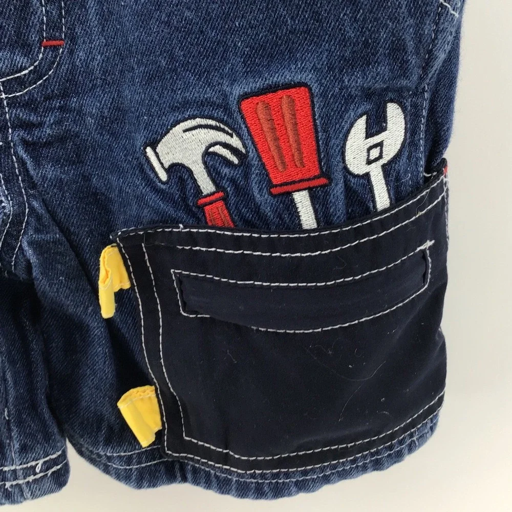 Vintage Kids Headquarters Tool Shop Builder Denim Overalls Shorts 3T Embroidered